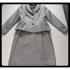 Giorgio Sant'Angelo Skirt Suit Womens 14 Silver Ruffle Peplum Blazer Career
